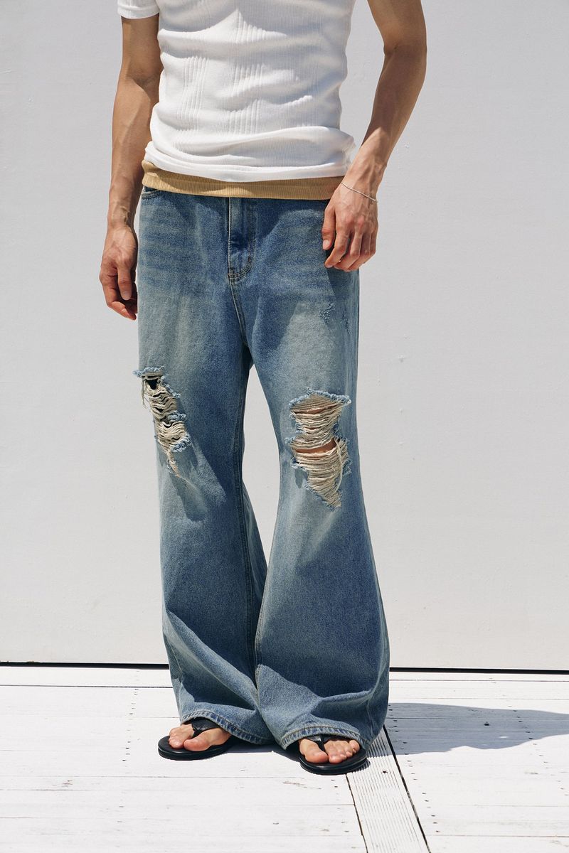 Tin washed damage flare denim pants(Blue)