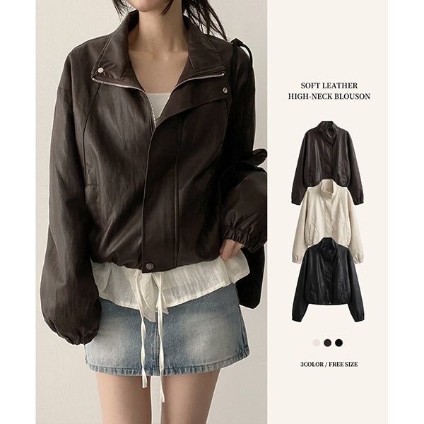 hijjoo（ハイチュー）の「Thin and light leather jacket! High Neck Leather Blouson Jumper（Jackets/Outerwear）」