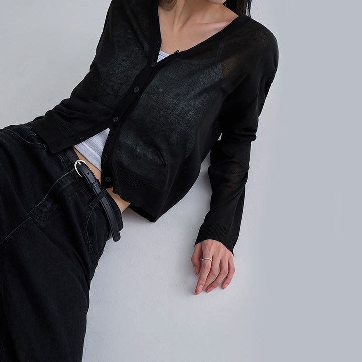 [Polia] V-Neck See-Through Long Sleeve Cardigan - 8color