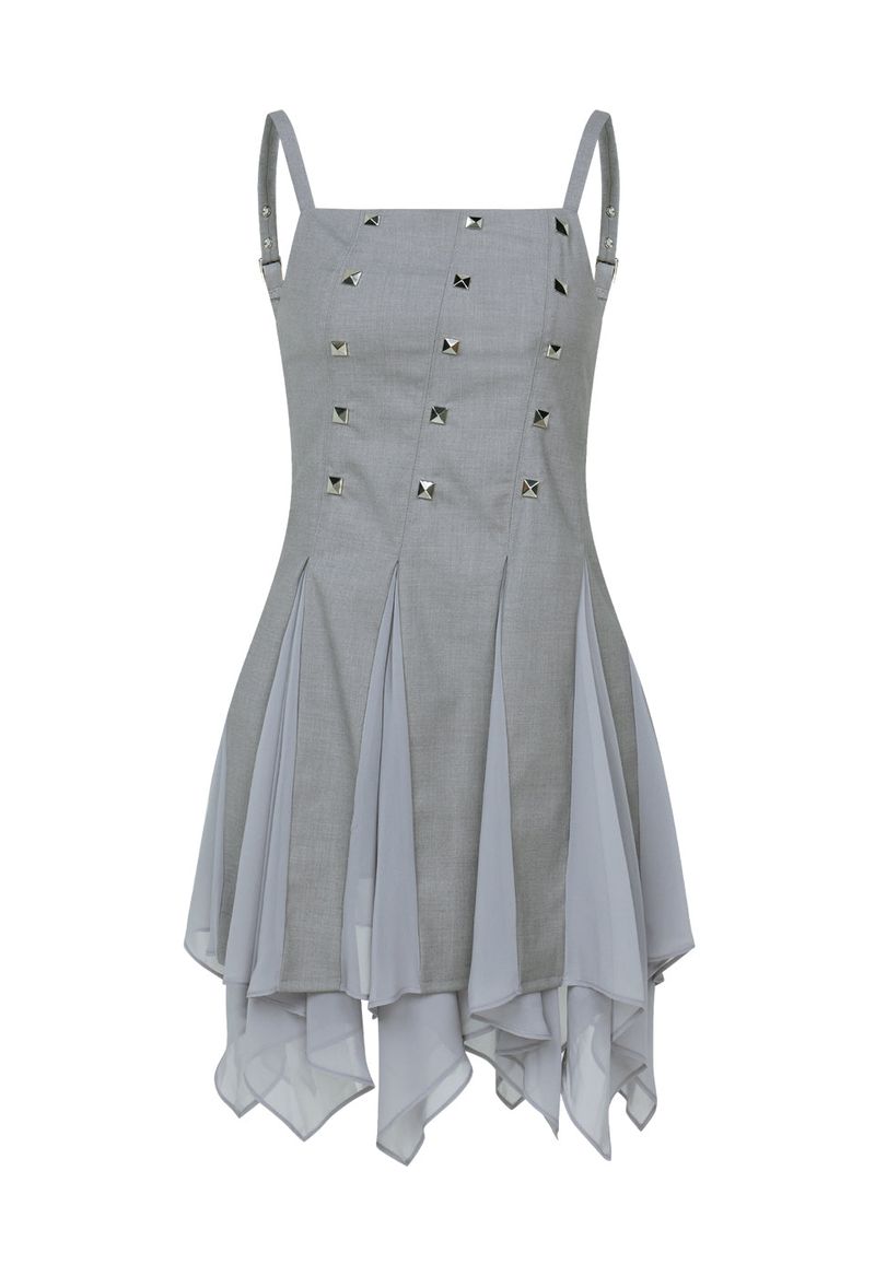  STUDDED GODET DRESS (GRAY)