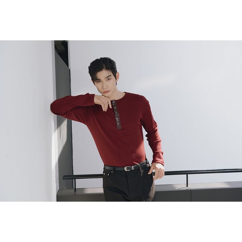 Leather ribbed henry neck long sleeves(Burgundy)