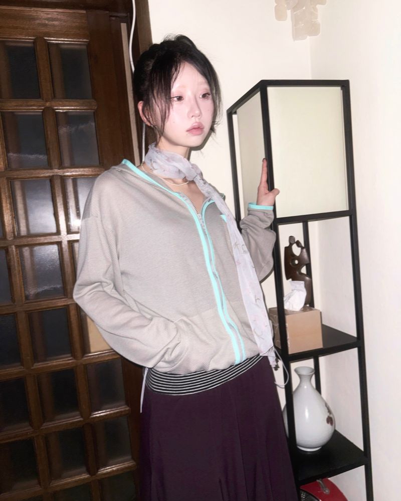 (2color) Piping Mesh Hood Zip-Up