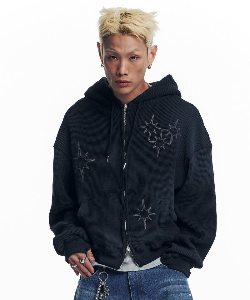Washed Star Waffle Hooded Zip-Up - Black