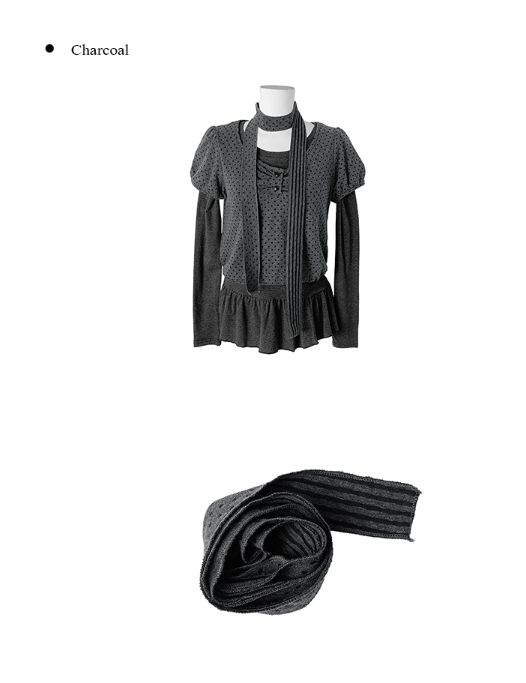 [3-piece Scarf set] ビューレン ドット レイヤード ボタン シャーリング ロングスリーブ Tシャツ
