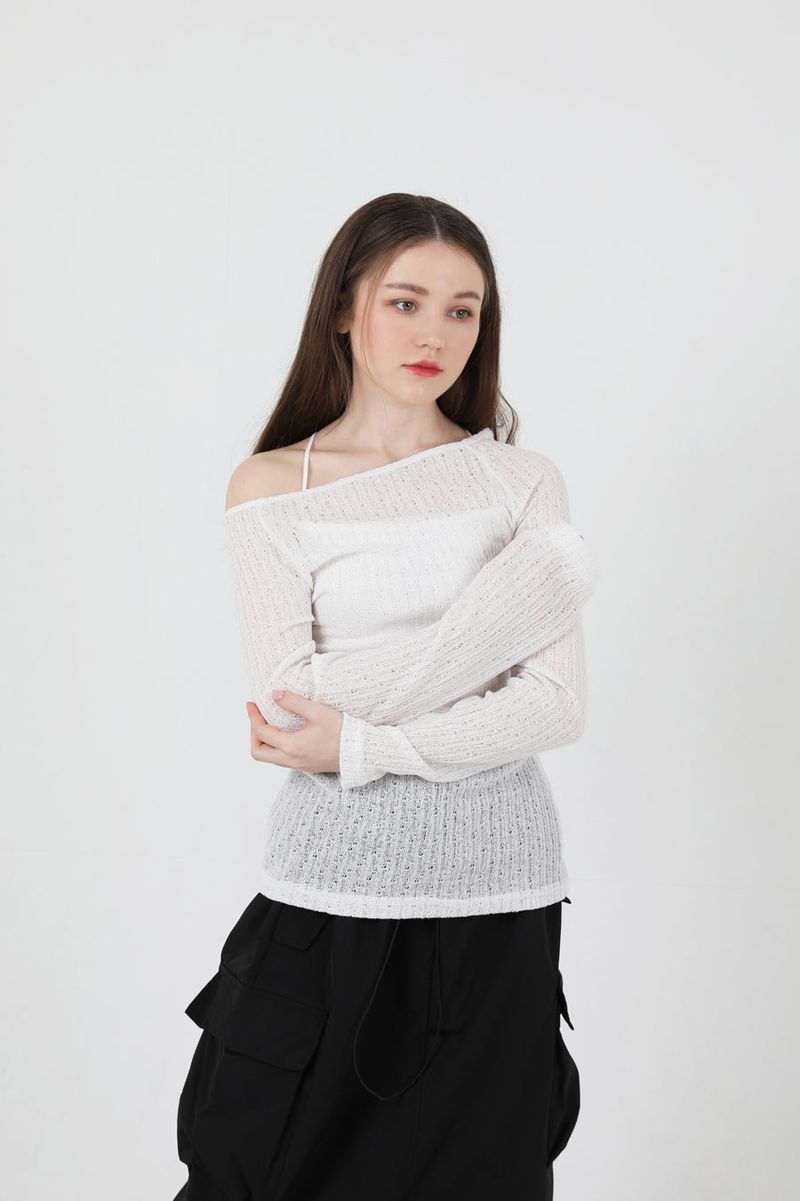 See-Throught Back Slit Long Sleeve Knit White
