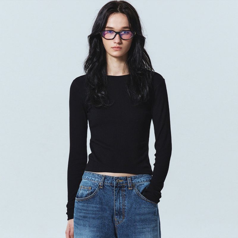 RIBBED SEMI CROP ROUND TOP_GRAY