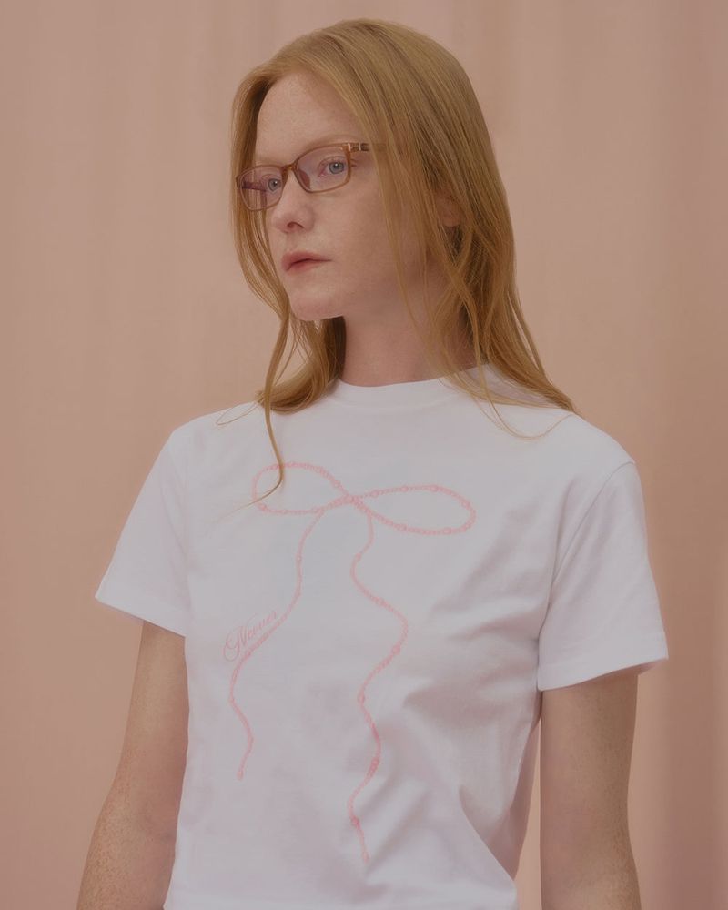 WAVE PEARL RIBBON CROP TSHIRT-WHITE