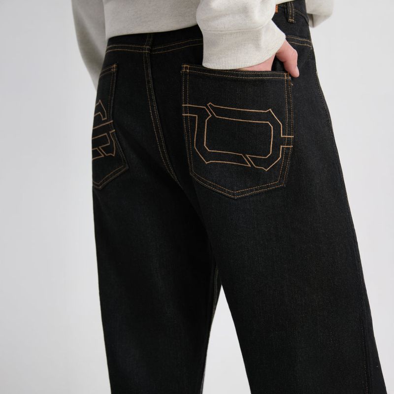 14oz デサイズドセルビッジローワイドレッグジーンズ-ブラック
