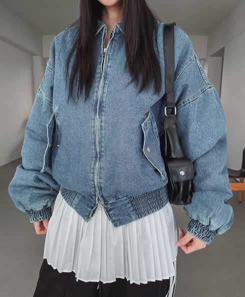 Kanto incision denim two-way quilted flight jumper