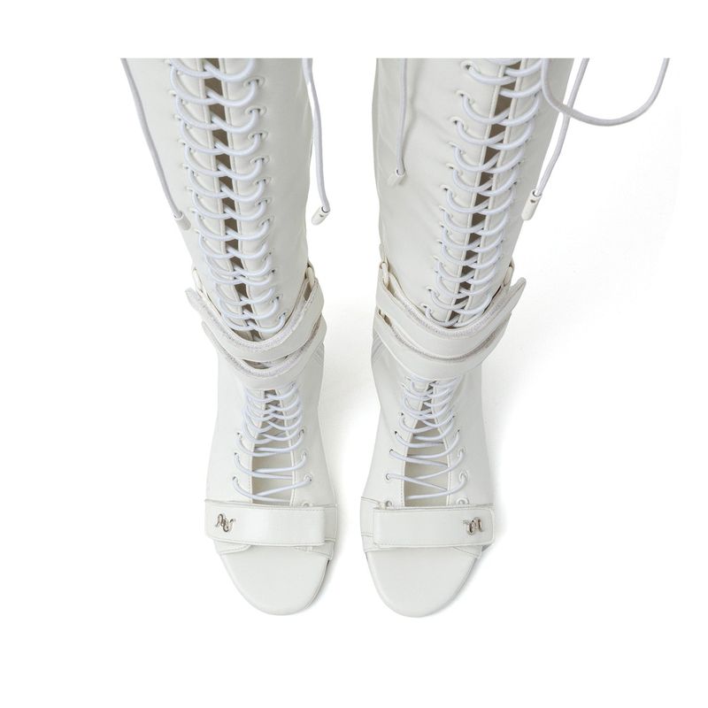 Double Strap Lace-Up Open Toe Boots Heel(White)