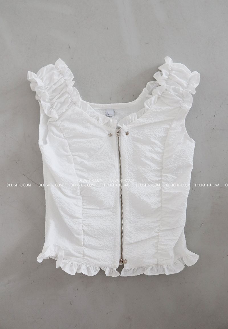 Star Patch Shirring Zip-Up Blouse