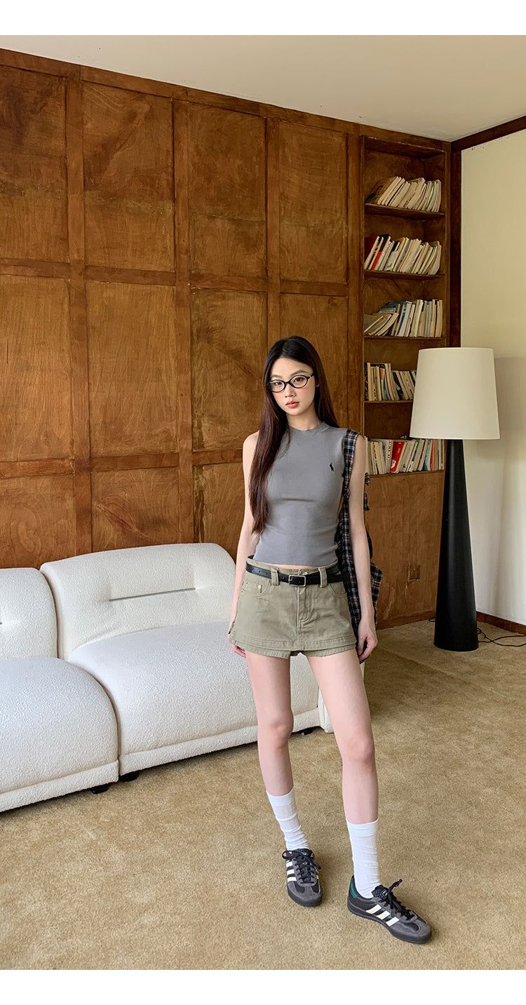 khaki cotton mini pants skirt