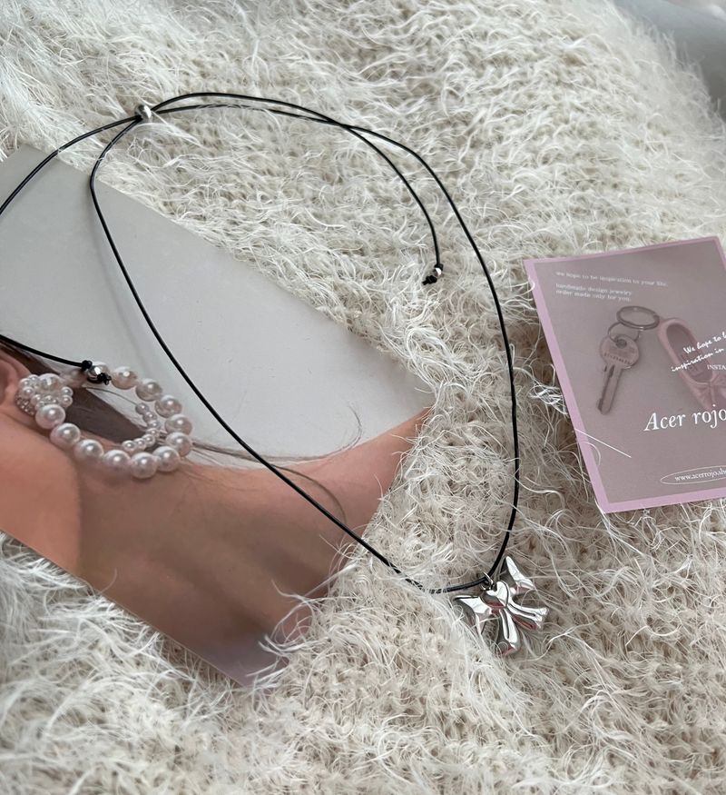 yun Big Ribbon Heart Stainless Steel Cowhide Rope Strap Strap Long Layered Necklace