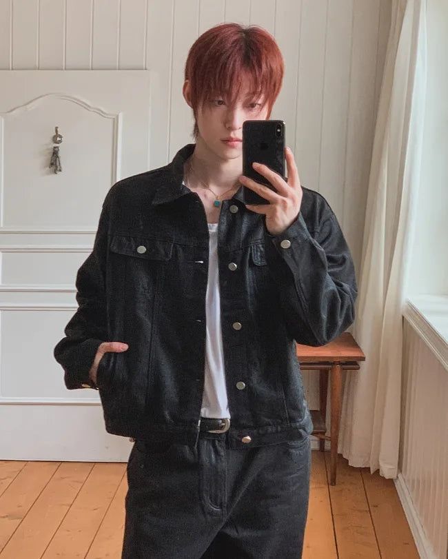 Kanto Coated Black Denim Trucker Jacket