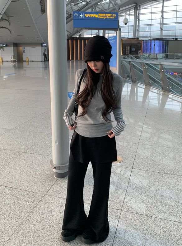 Wooeun Layered Bootcut Button Wrap Skirt Pants