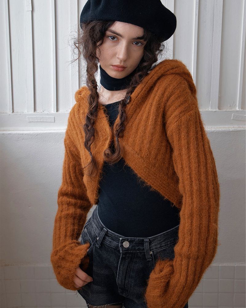 CROPPED HOODIE CARDIGAN - CAMEL BROWN