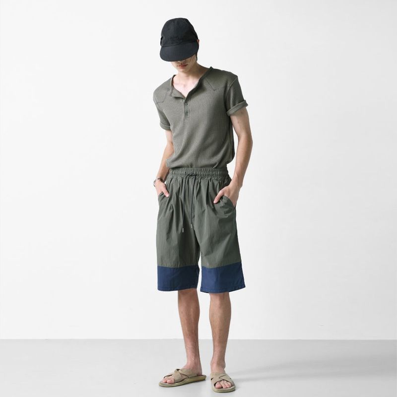 color block banding half nylon pants khaki