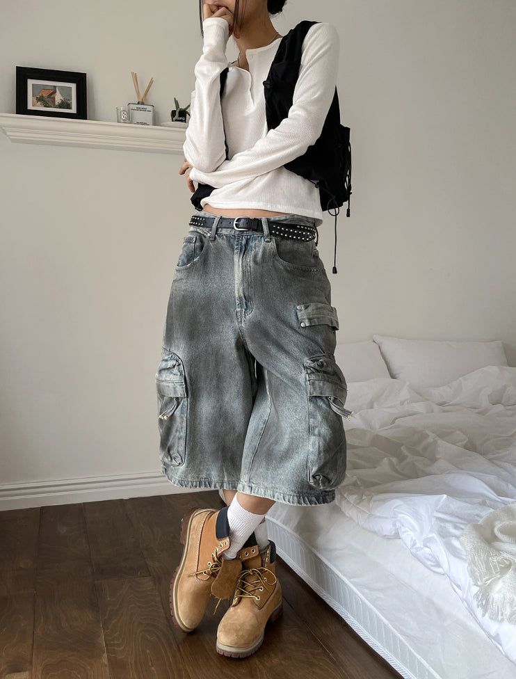 Burn dirty washing utility pocket bermuda pants