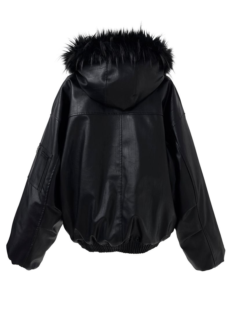 overfit fur hood leather jacket