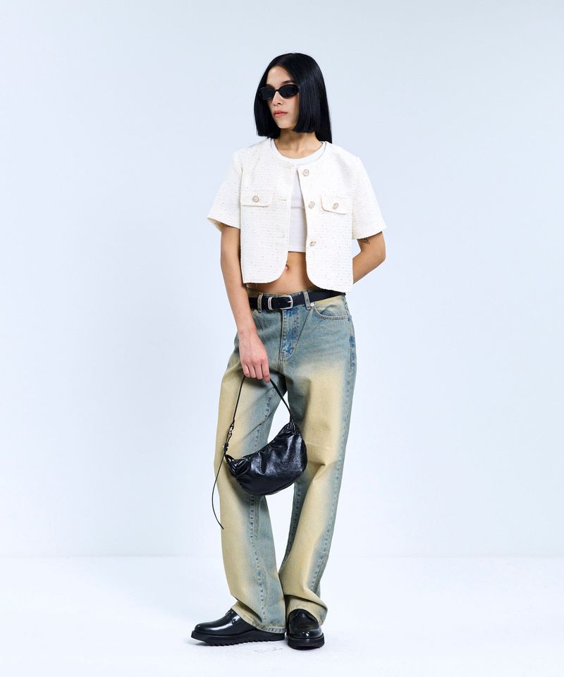 85-VIVAJ055 Textured Round Crop Tweed Half Jacket White