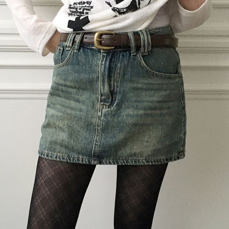 [Belt set] Jerik vintage washed denim mini skirt