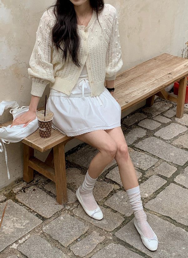 Pintuck String Ribbon Lace Mini Skirt (3color)