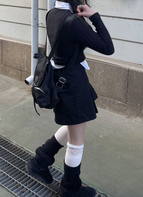 School Look Shirt Cardigan Layered Set