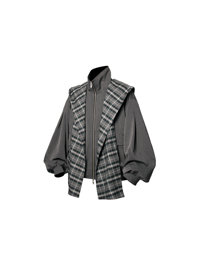 RELABEL Three-dimensional Composition(Extended Form) Detachable Check Shaped Hood Silhouette Draped Jacket