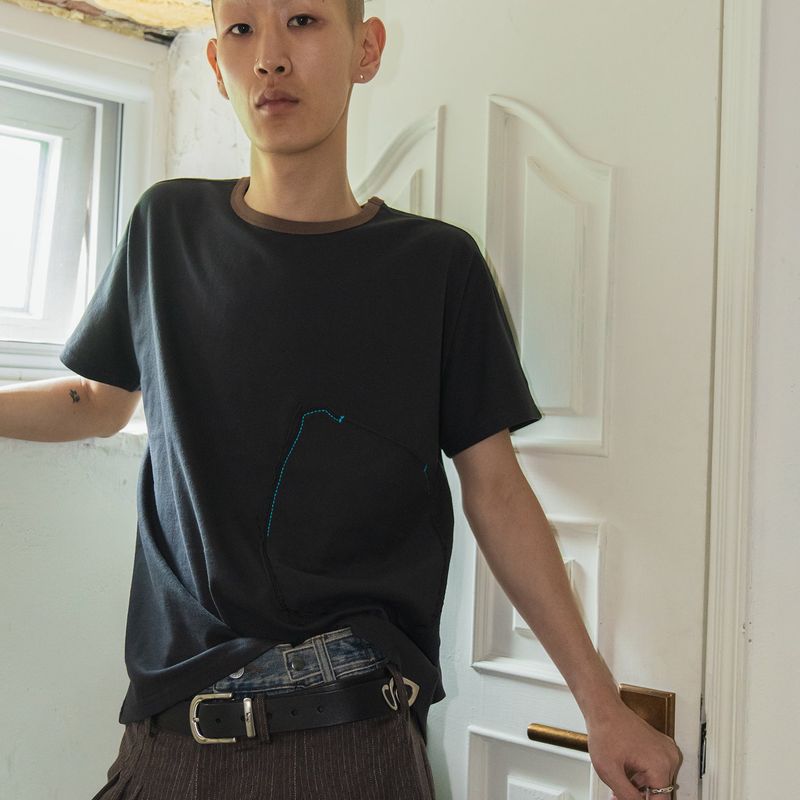 Patchwork pocket half T-shirts / Dusty black