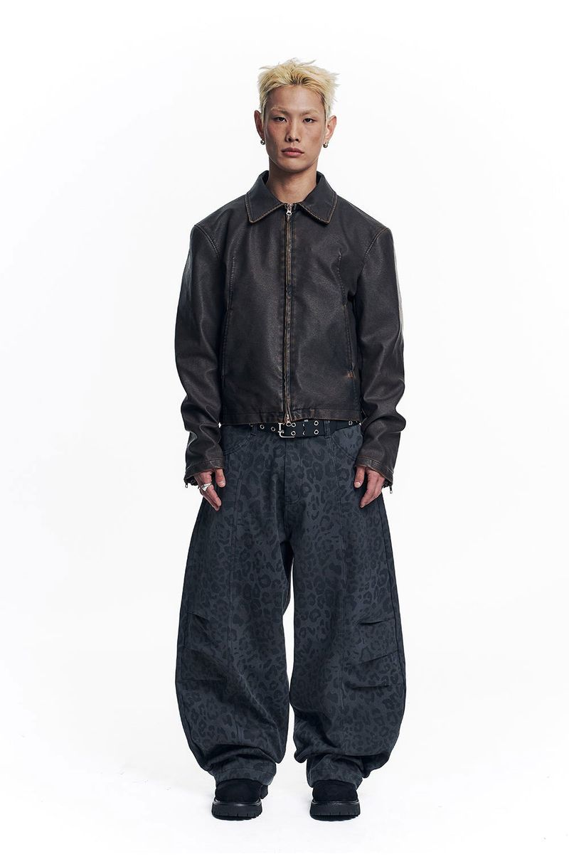 Curved Leopard Pants - Charcoal