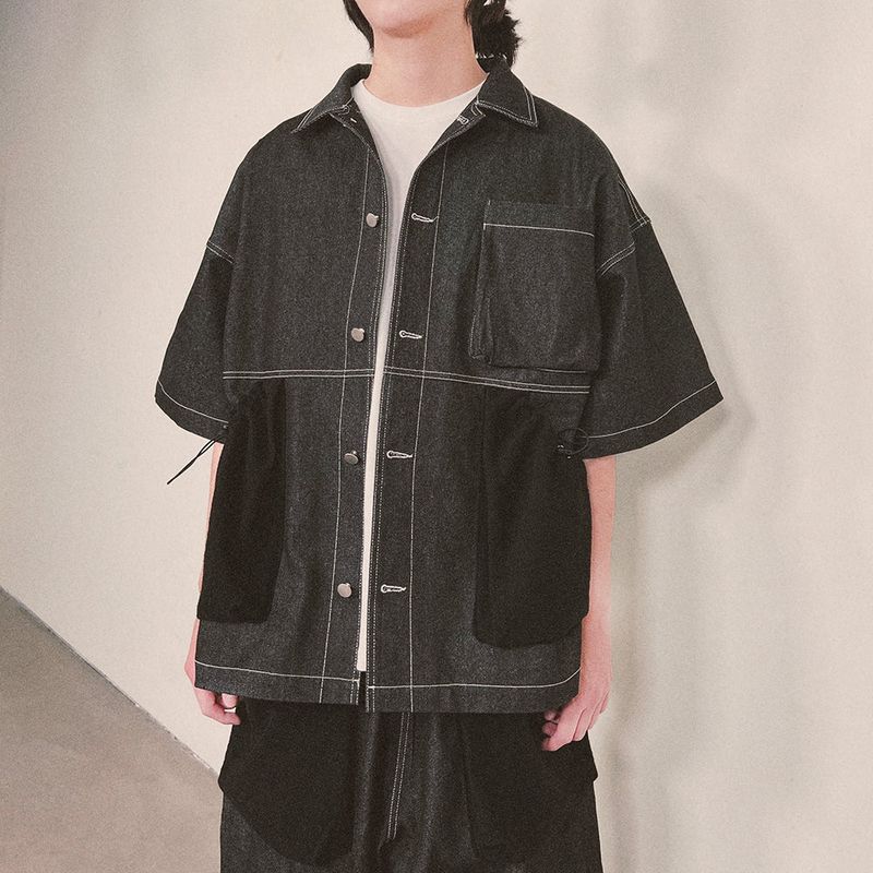 reverse terry pocket denim shortsleeve shirt_black