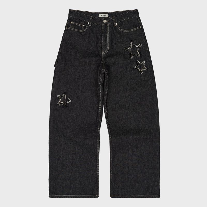 Star Applique Embroidery Denim Pants