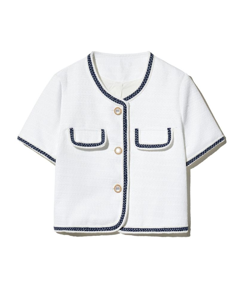85-VIVAJ052 Color Point Crop Tweed Half Jacket White