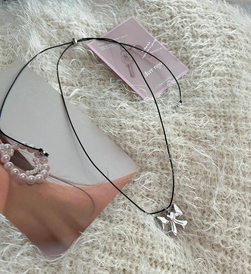 yun Big Ribbon Heart Stainless Steel Cowhide Rope Strap Strap Long Layered Necklace