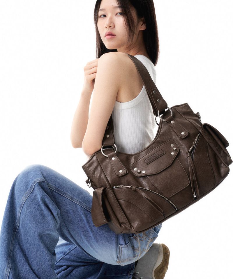 Studded Leather Shoulder Bag (Brown)