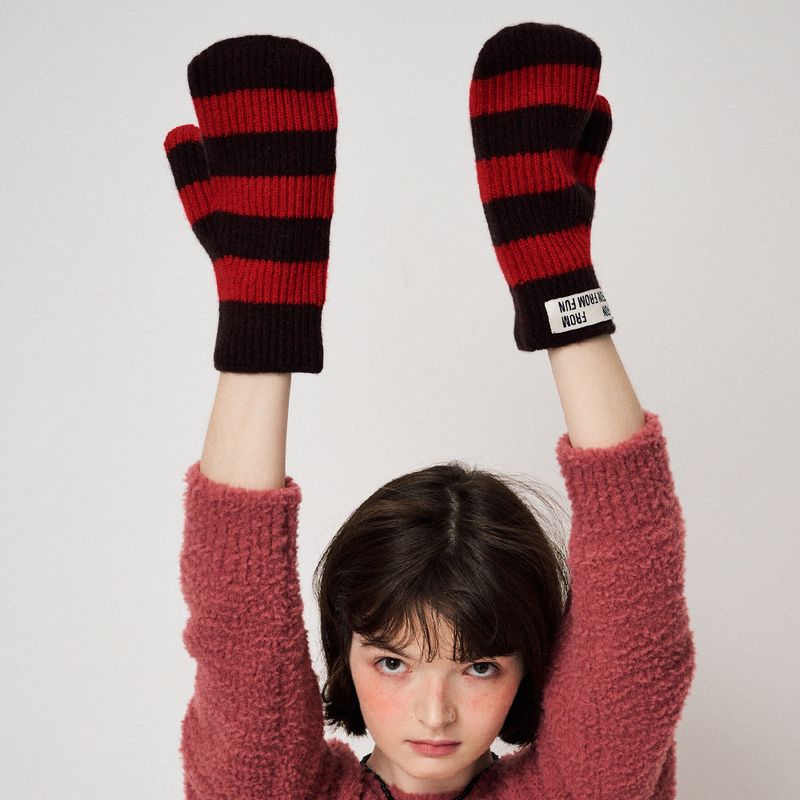 STRIPE MITTENS, RED+BROWN