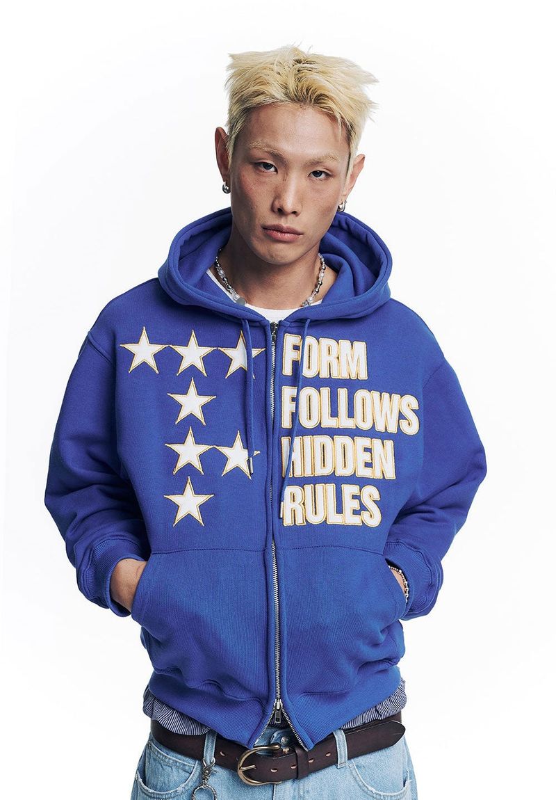 Star Lettering Patch Hoodie Zip-Up - Blue