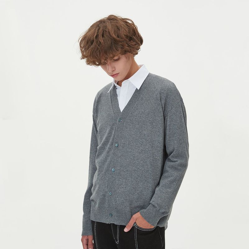 LAMBSWOOL V NECK CARDIGAN_GRAY