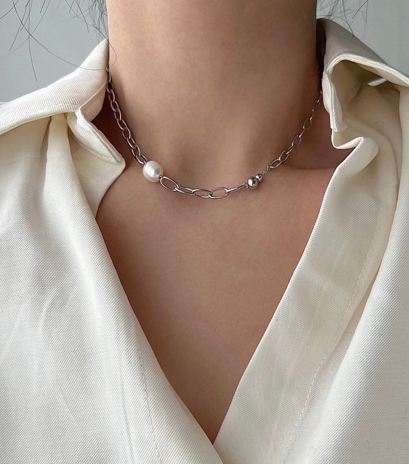 dpps Freshwater Pearl Bold Chain Ball Stainless Steel Titanium Layered Guest Necklace