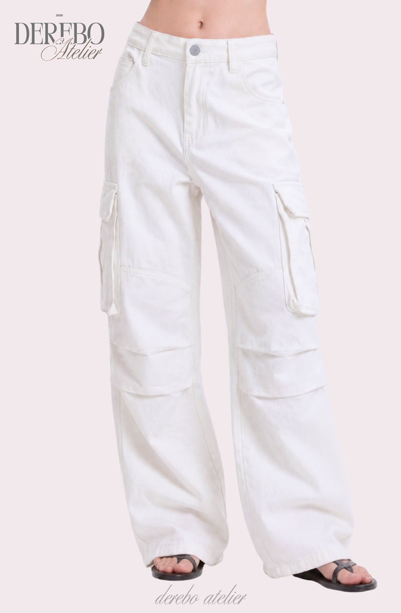 white wide pocket cotton casual pants