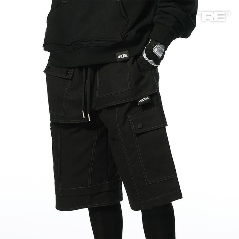 RELABEL Loose External Pockets, Multi-Layered Segmented Splicing and Deconstruction, Metal Stud Decoration, Shorts