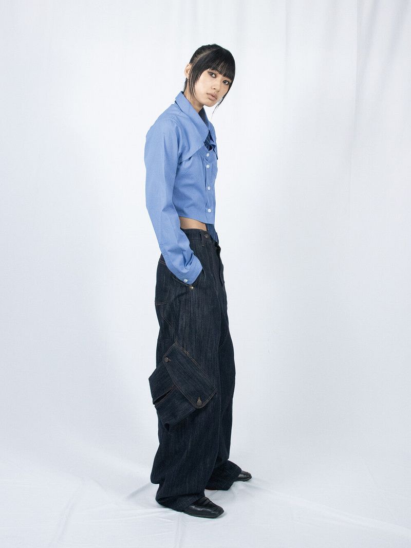 Crop Double Collar Shirts (Sky Blue)