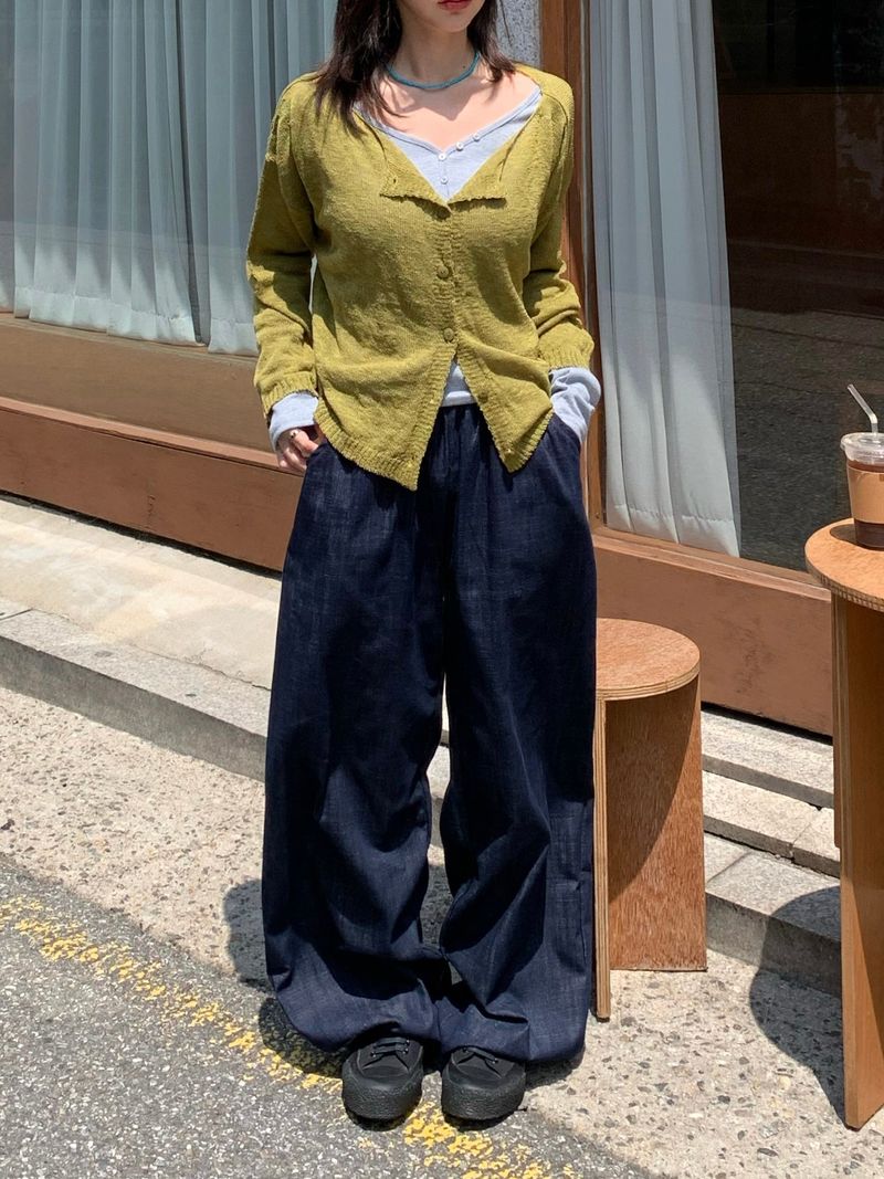 Snap Non-Fade Denim String Wide Pants (2 colors)