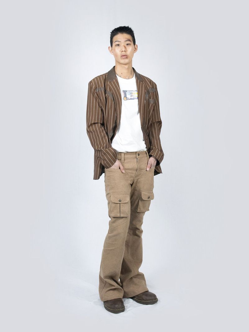 Curved Cargo Flare Pants (Beige)