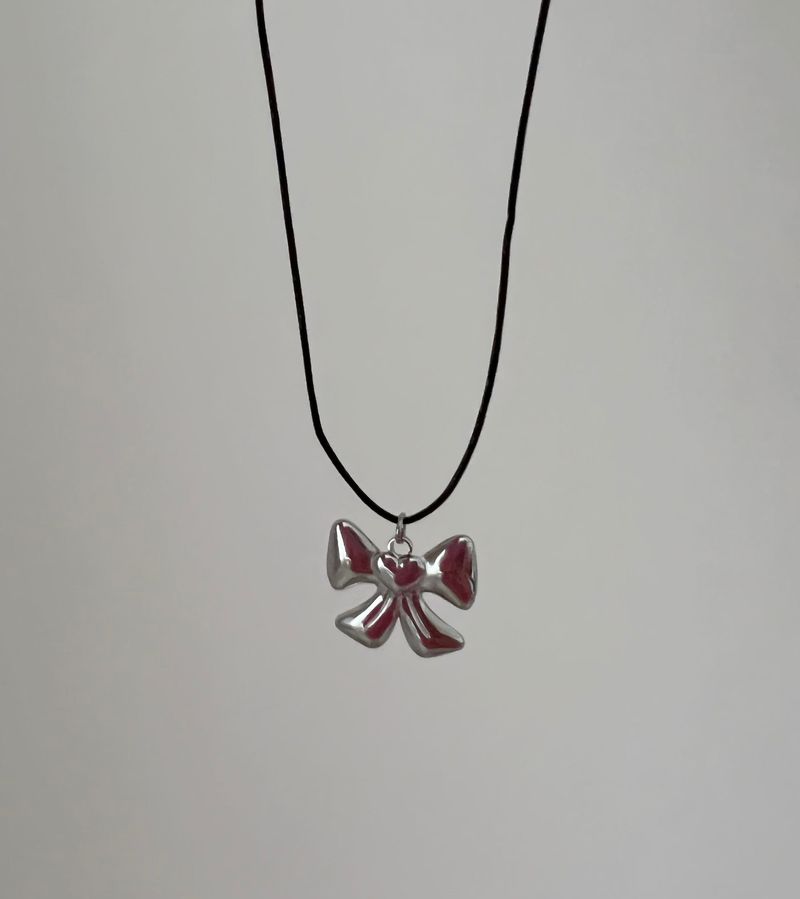 yun Big Ribbon Heart Stainless Steel Cowhide Rope Strap Strap Long Layered Necklace