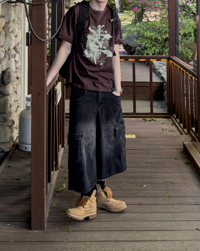 Kazen Washed Cargo Bermuda Denim Pants