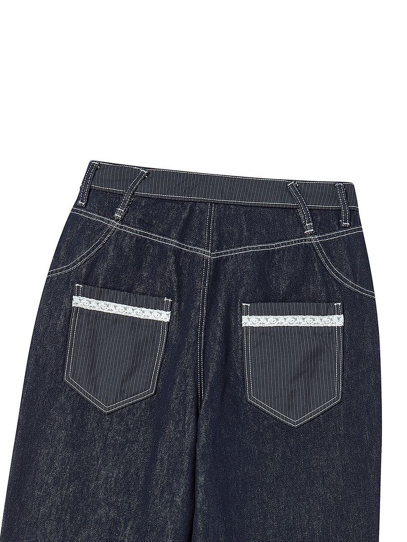 LACE ROLL UP DENIM PANTS BLUE