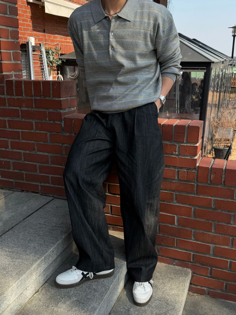 Long wide raw denim one-tuck pants