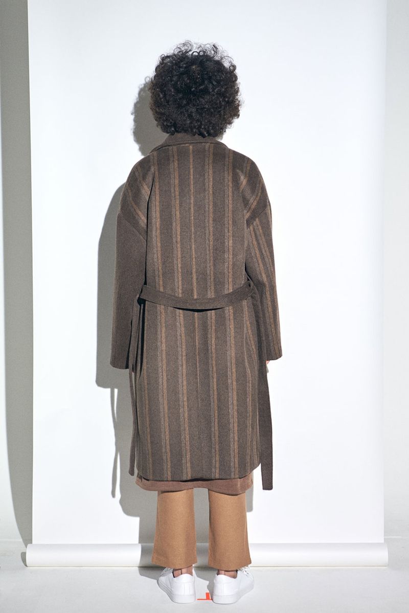 STRIPE COMBINATION WOOL ROBE COAT (Brown)