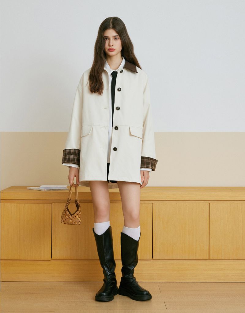 Preppy Checkered Sleeve Midi Trench Coat Ivory